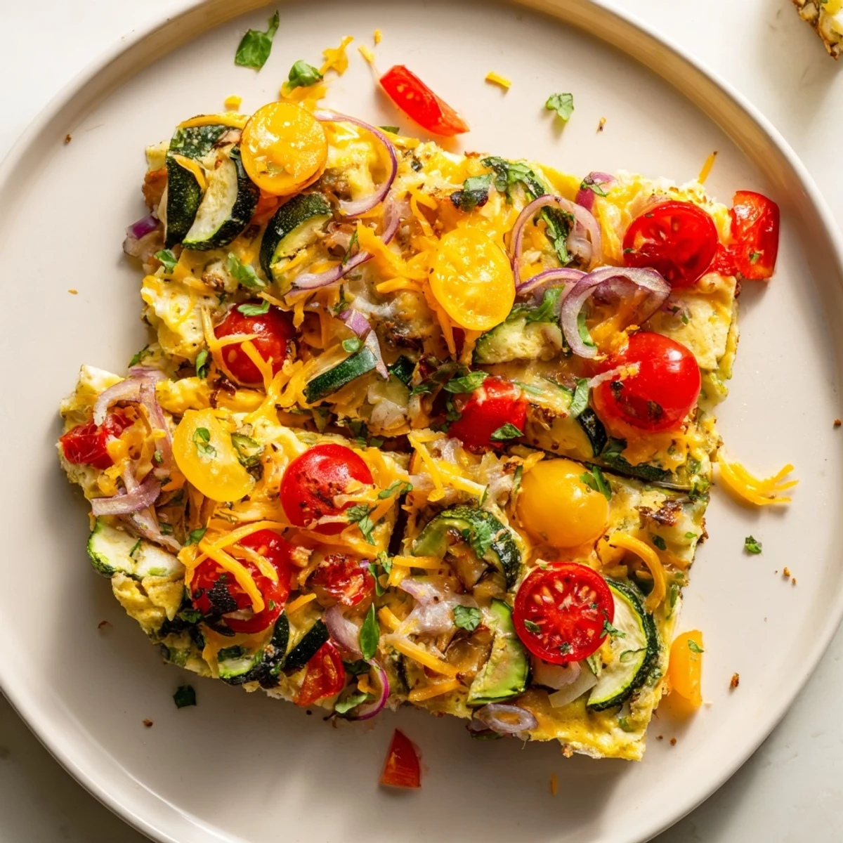 Golden-brown Egg & Veggie Sheet Pan Scramble with colorful roasted vegetables, ready to serve.