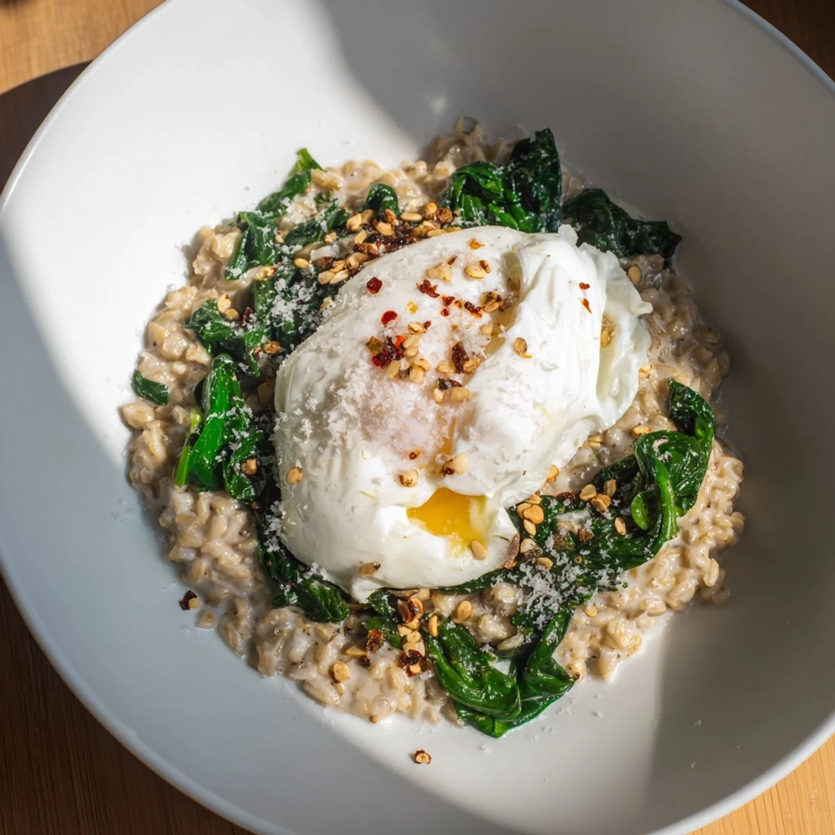 Savory Oatmeal with Spinach and Poached Egg: A bowl of creamy oatmeal topped with vibrant green spinach and a runny egg yolk.