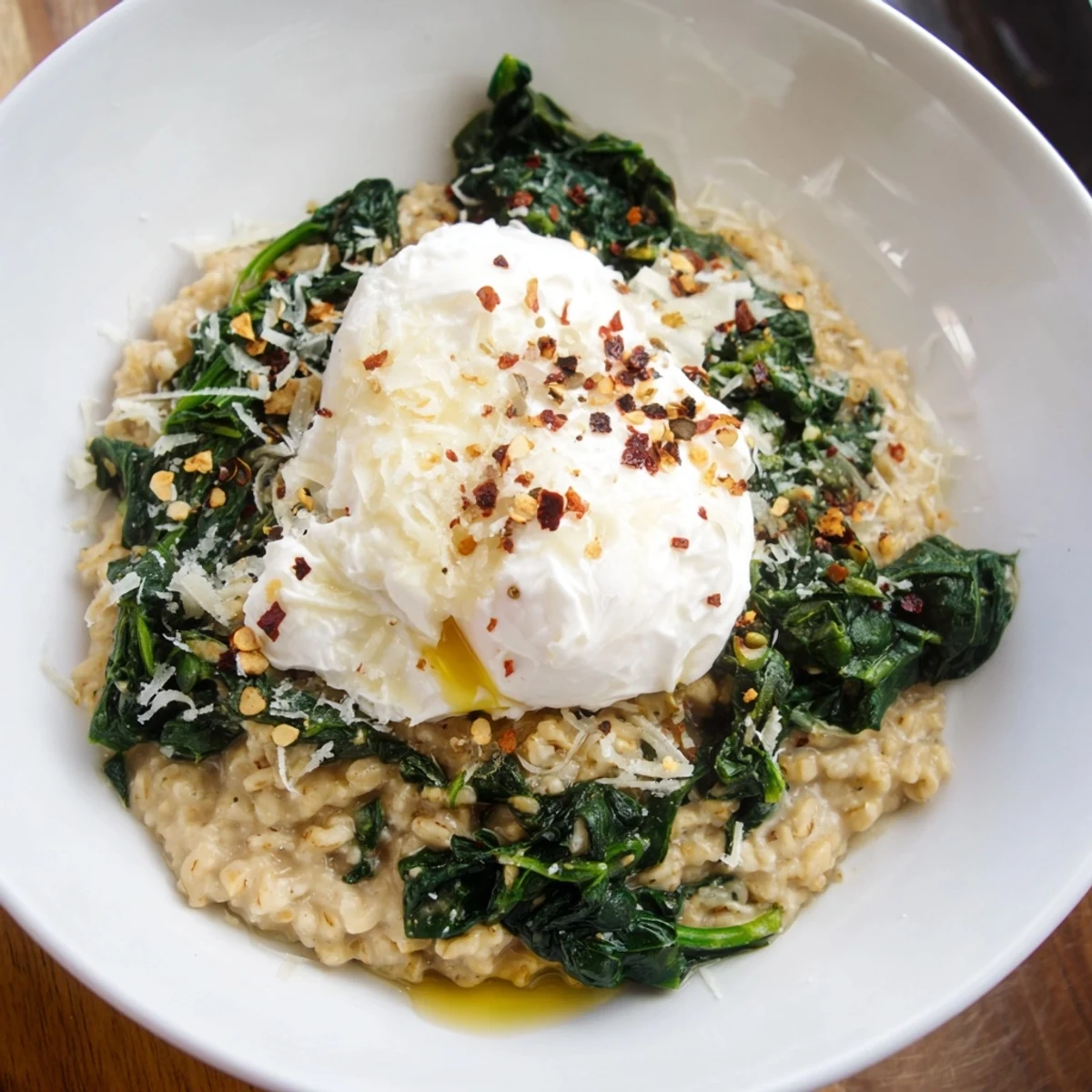 Imagine the flavors: Savory Oatmeal with Spinach & Poached Egg, a hearty, visually stunning breakfast creation ready to eat.
