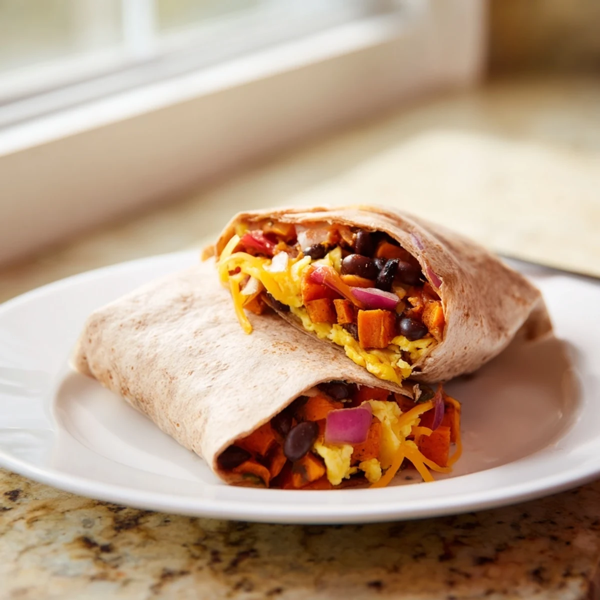 Golden, roasted sweet potato and black bean breakfast burritos, a satisfying and vegetarian meal.