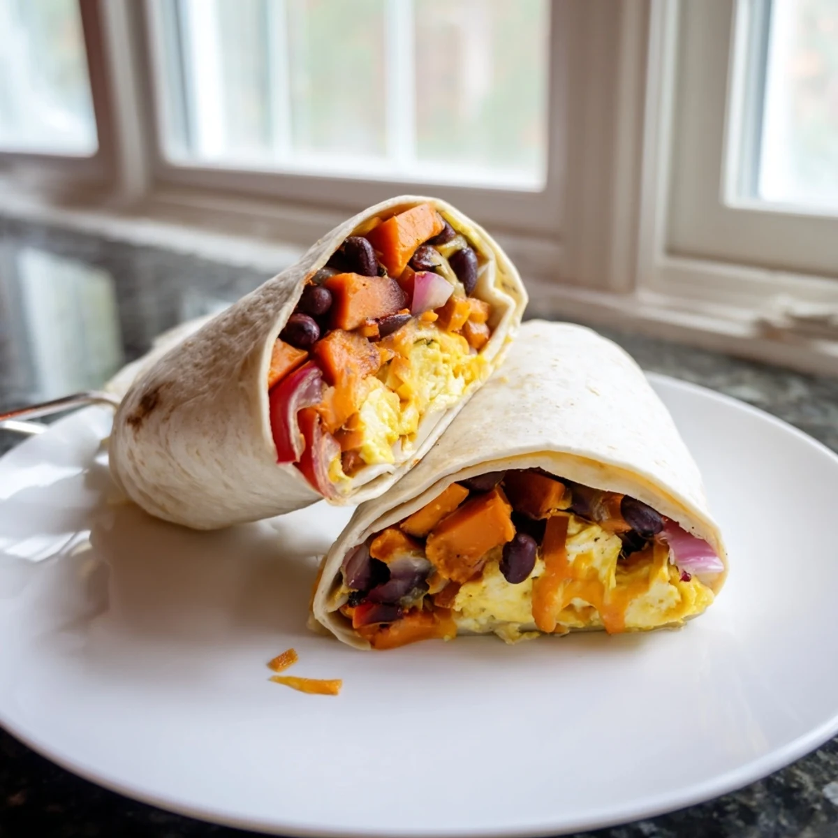 A close-up of a warm sweet potato & black bean breakfast burrito with fresh cilantro and salsa.
