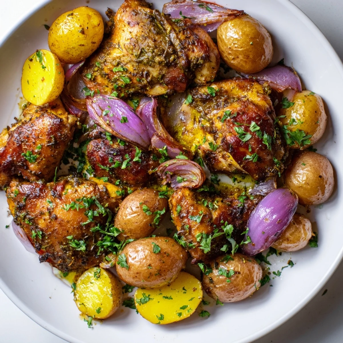 Golden, crispy Sheet Pan Zaatar Chicken with roasted potatoes, offering delightful Middle Eastern flavors.