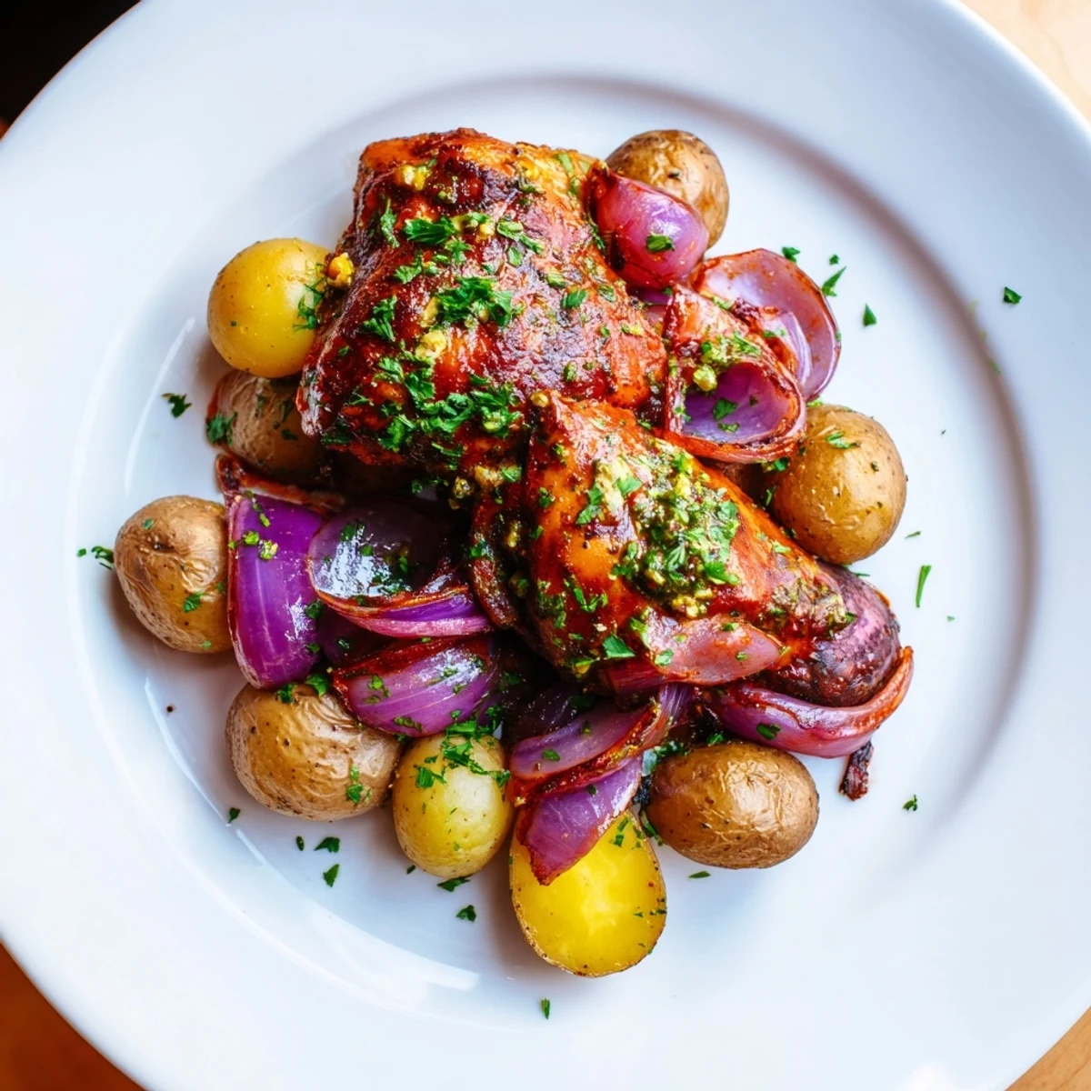 Enjoy the visually appealing Sheet Pan Zaatar Chicken dinner: browned chicken nestled with tender, roasted potatoes.