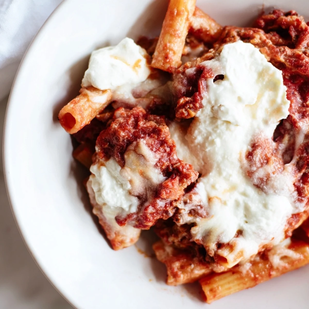 Hot, cheesy slow cooker baked ziti, a close-up of the delicious layers of pasta and sauce.