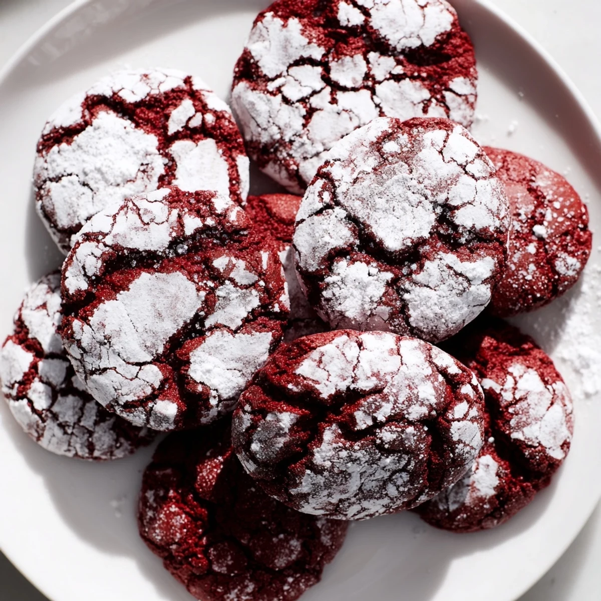 Warm, cracked Red Velvet Chocolate Crinkle Cookies dusted in powdered sugar, ready to eat.
