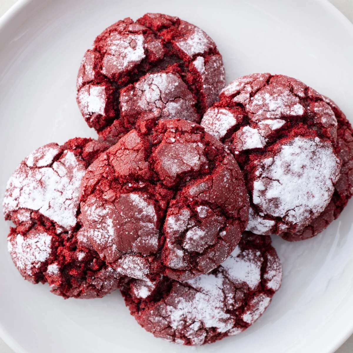 A close-up shot of soft, ruby-red Red Velvet Chocolate Crinkle Cookies with crinkled tops.