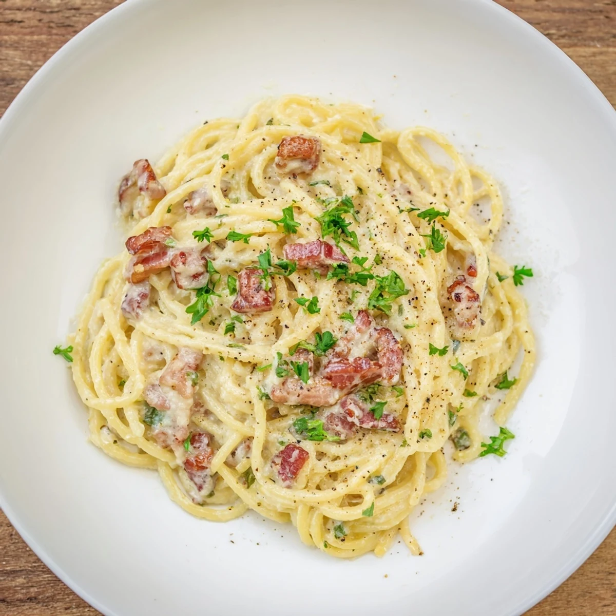 Close-up of the finished Instant Pot Carbonara Ramen Hack, rich with egg yolk and cheesy sauce.