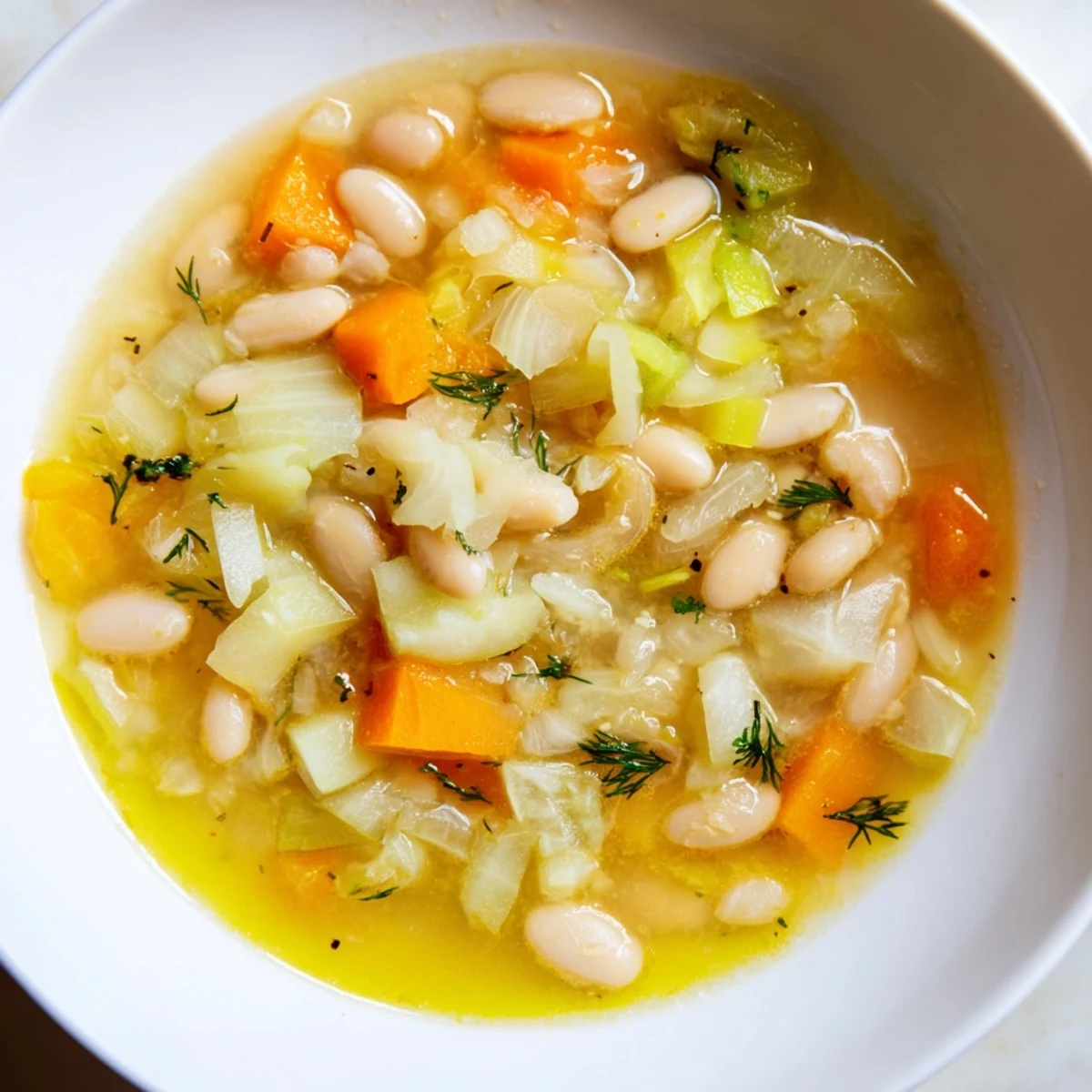 Creamy Simple White Bean and Fennel Soup, ready to eat, garnished with fresh fennel fronds.