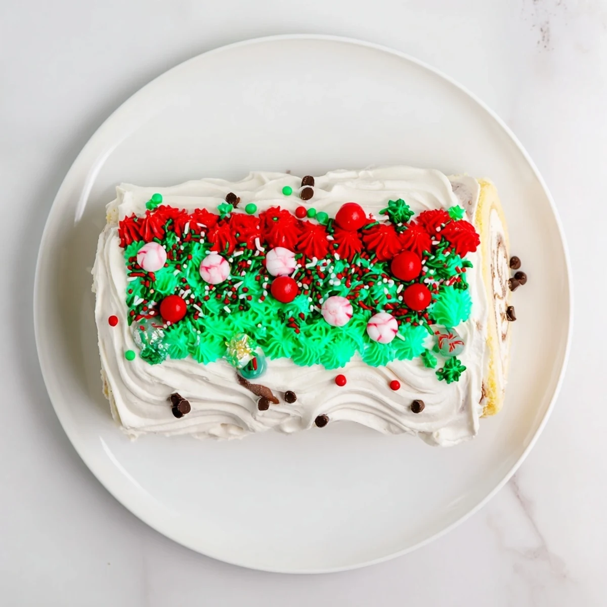 Festive Ugly Sweater Cake Roll with colorful frosting and many fun holiday sprinkles.
