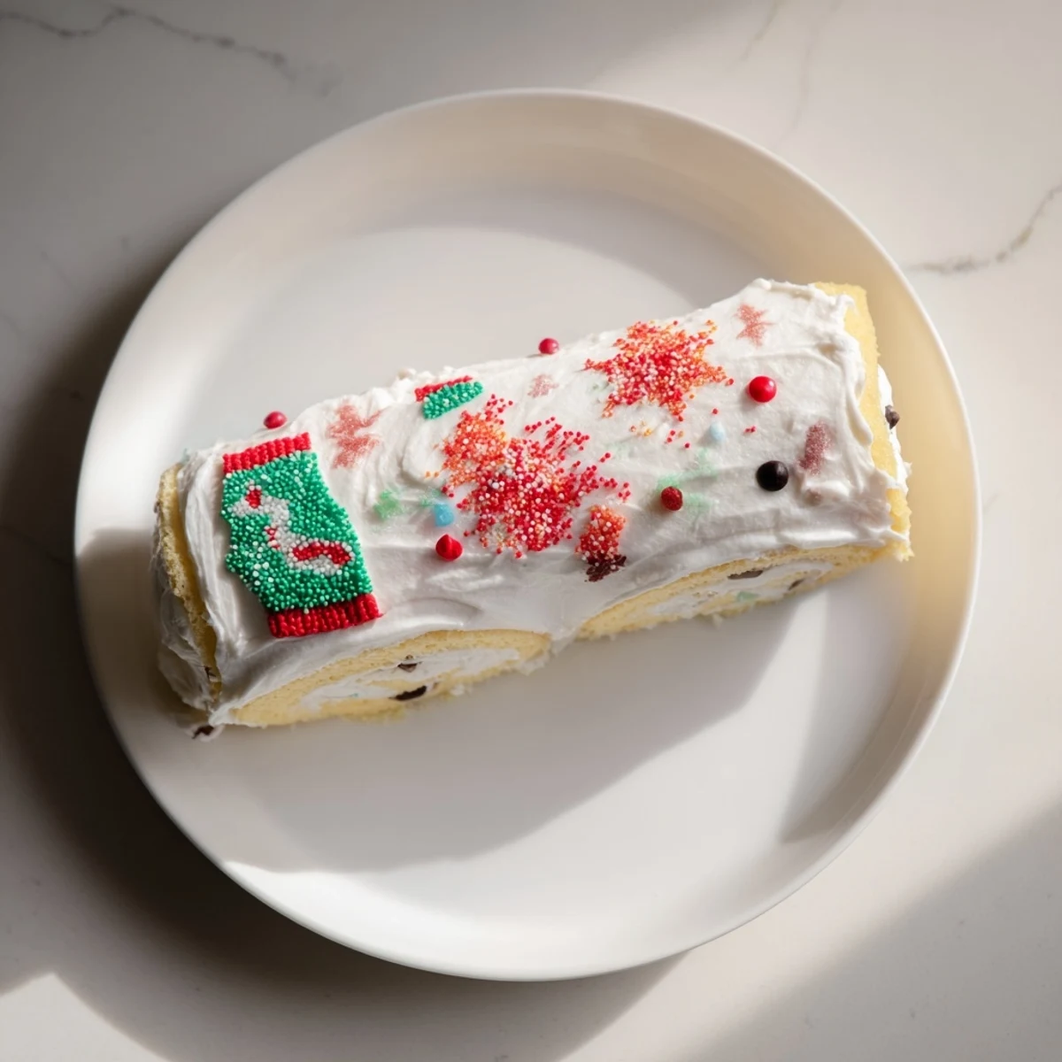 Brightly decorated, sliced Ugly Sweater Cake Roll, ready to delight dessert lovers at a party.
