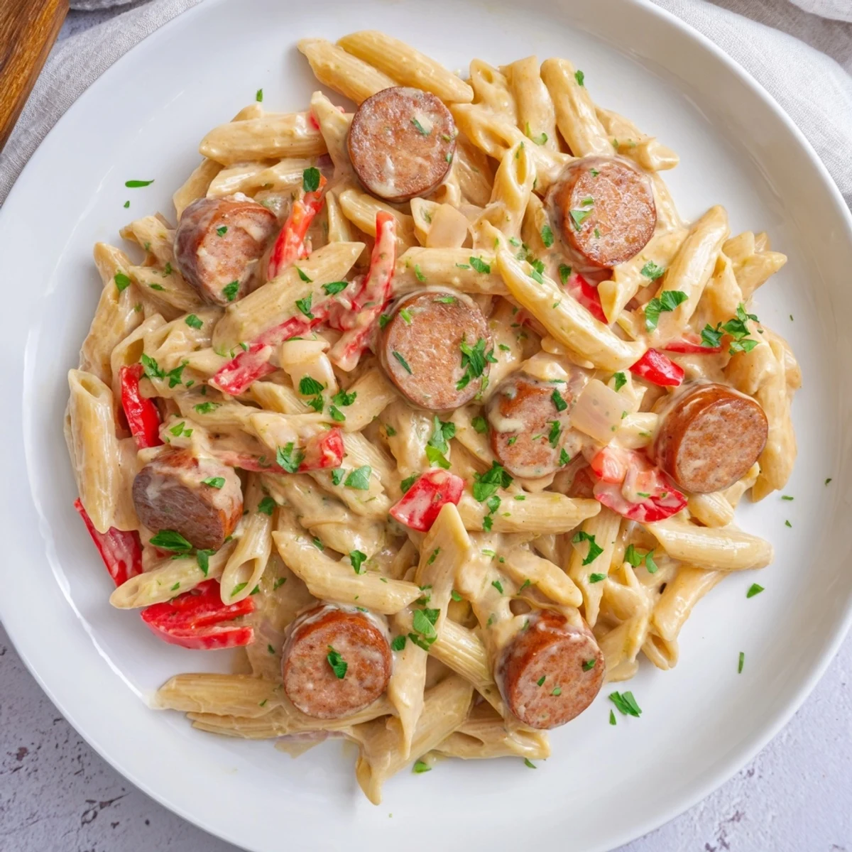 Savory Smoked Sausage Cajun Alfredo with penne, ready to eat, garnished with fresh parsley.