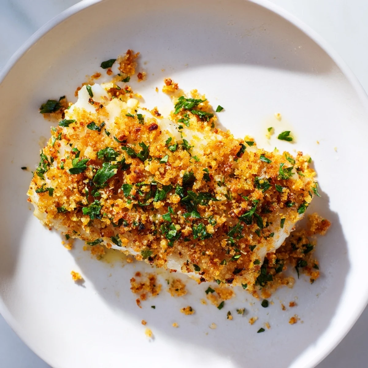 Golden-brown baked cod topped with crispy Ritz crackers, a delicious seafood dish ready to enjoy.