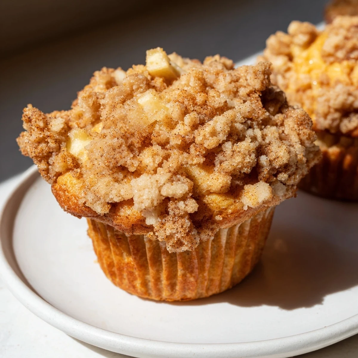 Golden-brown Tasty Apple Muffins, fresh from the oven, with a buttery, cinnamon crumb topping.
