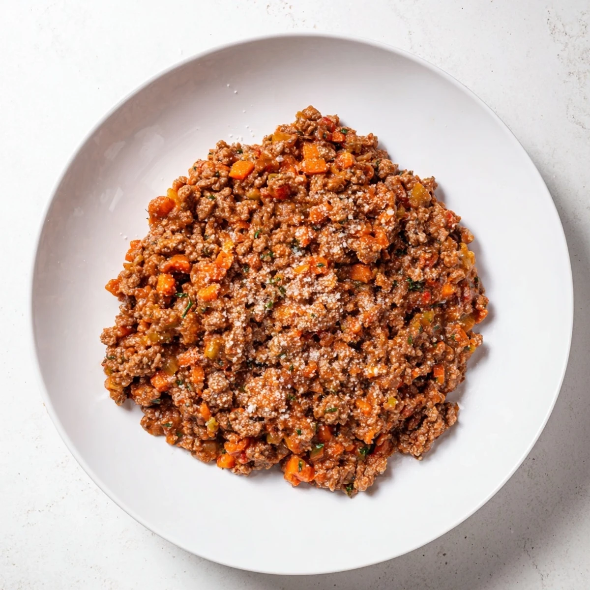 Close-up of bubbling Classic Tuscan Ragu: rich, red sauce with tender meat and vegetables.