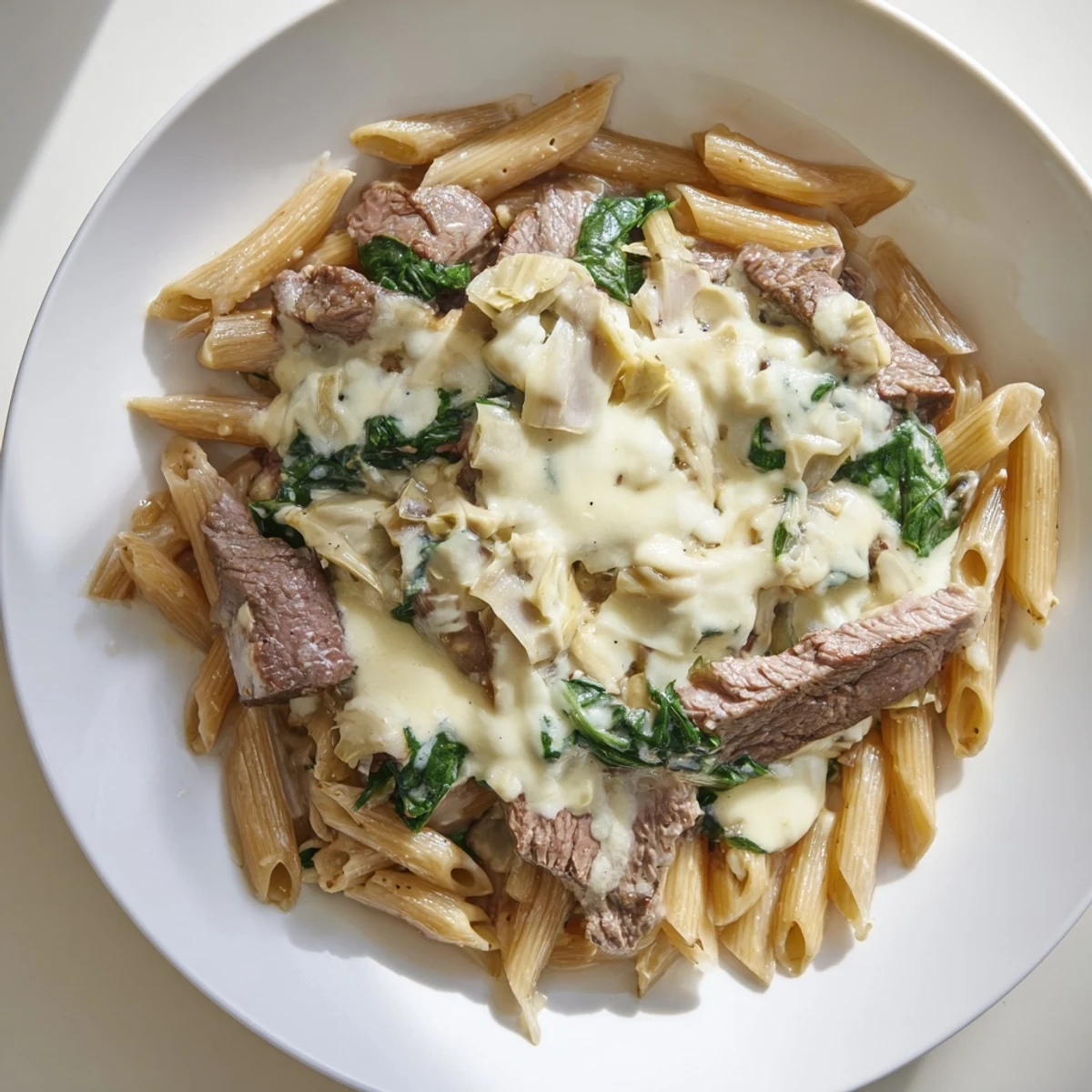 Cheesy Steak & Spinach Artichoke Pasta Bake, a perfect main dish, with flecks of spinach and artichoke visible.