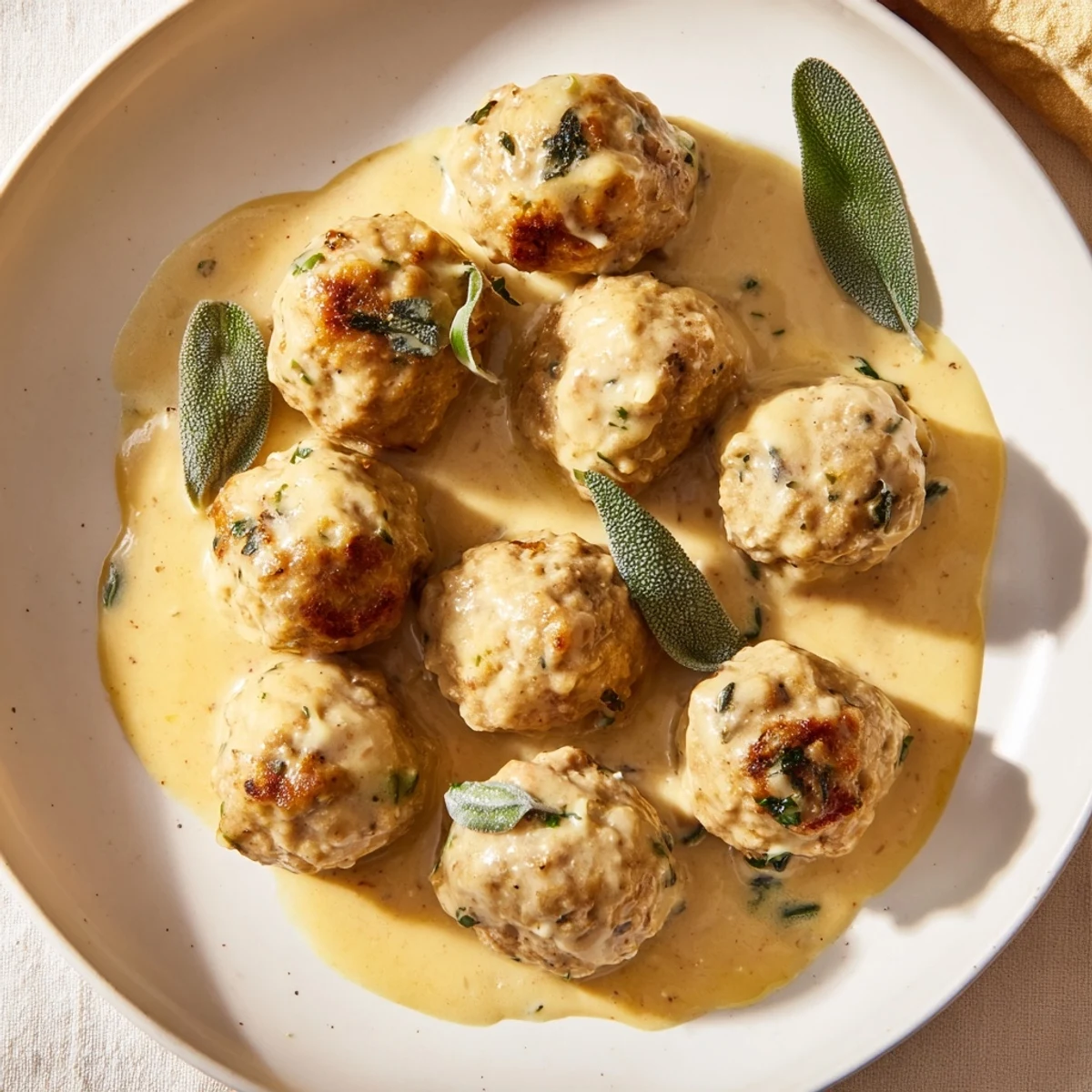 A flavorful swirl of pumpkin sage sauce coats delicious Easy Turkey Meatballs, an inviting and aromatic fall favorite.