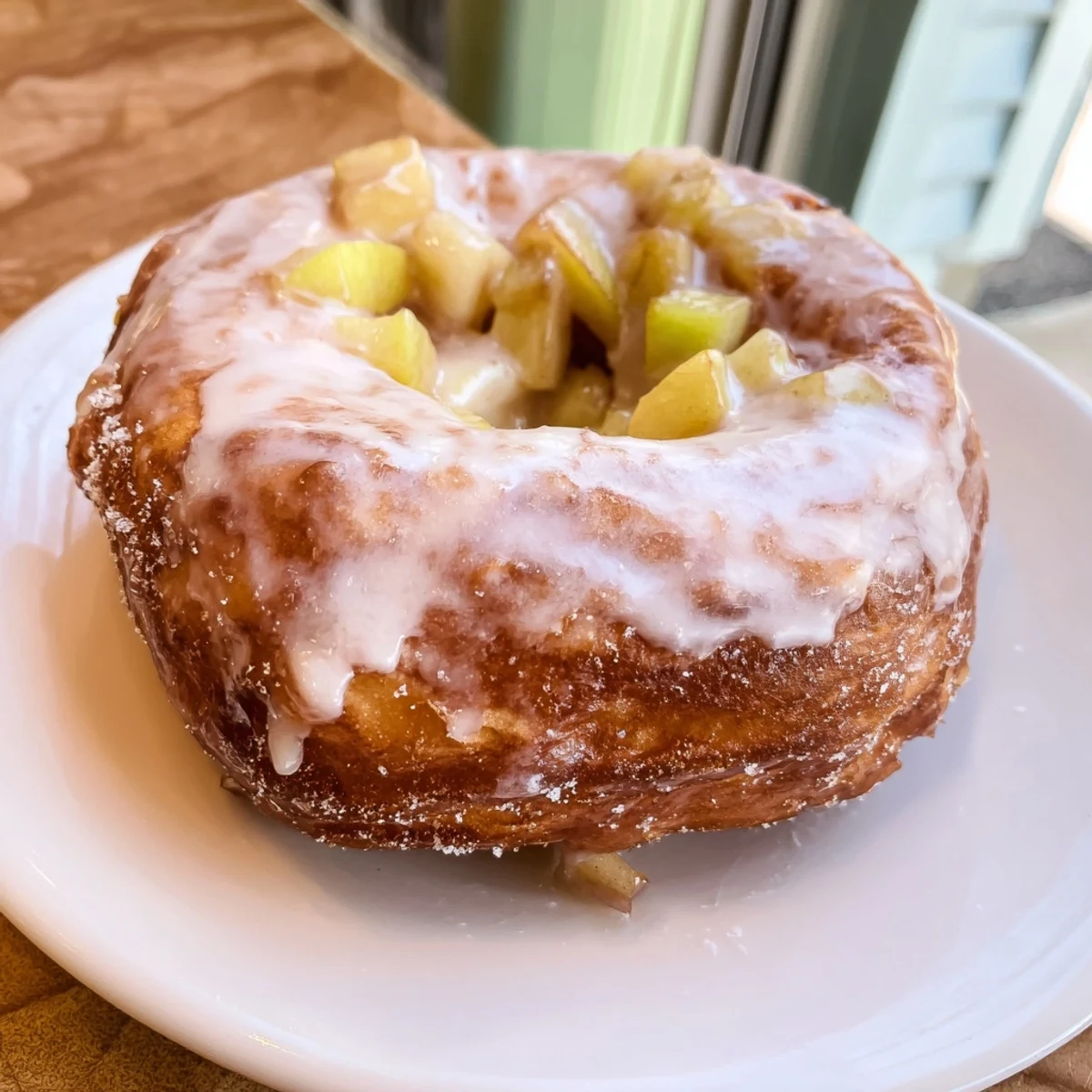 Homemade Apple Fritters, lightly spiced and glistening with a powdered sugar glaze, ready to enjoy.