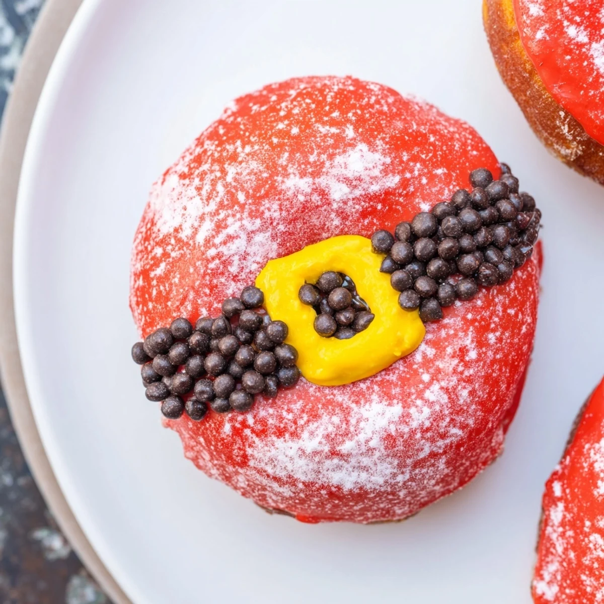 Close-up of bright red Santa Belly Donuts, featuring a chocolate belt and yellow buckle.