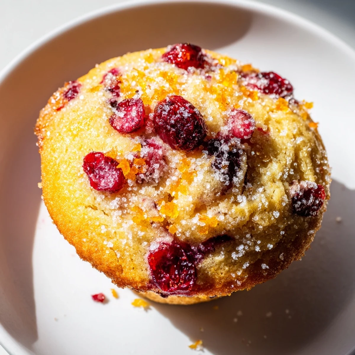 Close-up of fluffy Quick Festive Cranberry Orange Muffins, studded with cranberries, ready for a delicious breakfast.