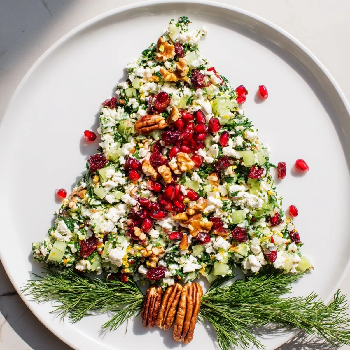 Beautifully arranged Cranberry & Feta Cheese Tree Dip, shaped like a holiday tree, ready for dipping.
