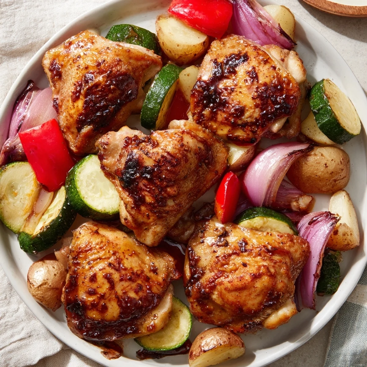 One-pan Black Garlic and Balsamic Chicken, showcasing glistening chicken and caramelized vegetables for a flavorful meal.