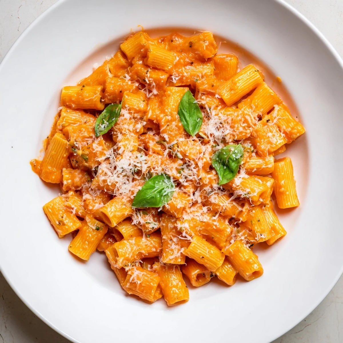 A vibrant photo of Spicy Vodka Sauce Ditalini, a creamy pasta dish with fresh basil garnish.