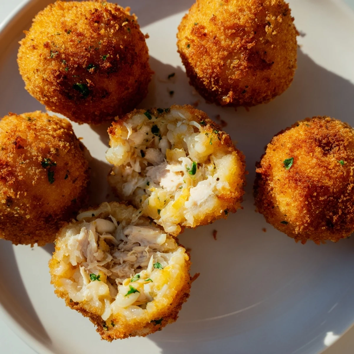 Golden-brown, crispy Creamy Chicken & Rice Arancini Balls ready to serve, a delightful Italian appetizer.