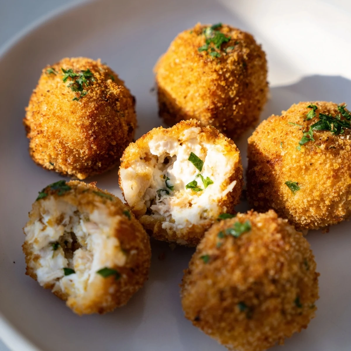 A close-up view of hot, homemade Creamy Chicken & Rice Arancini Balls, fried to a perfect golden crispness.