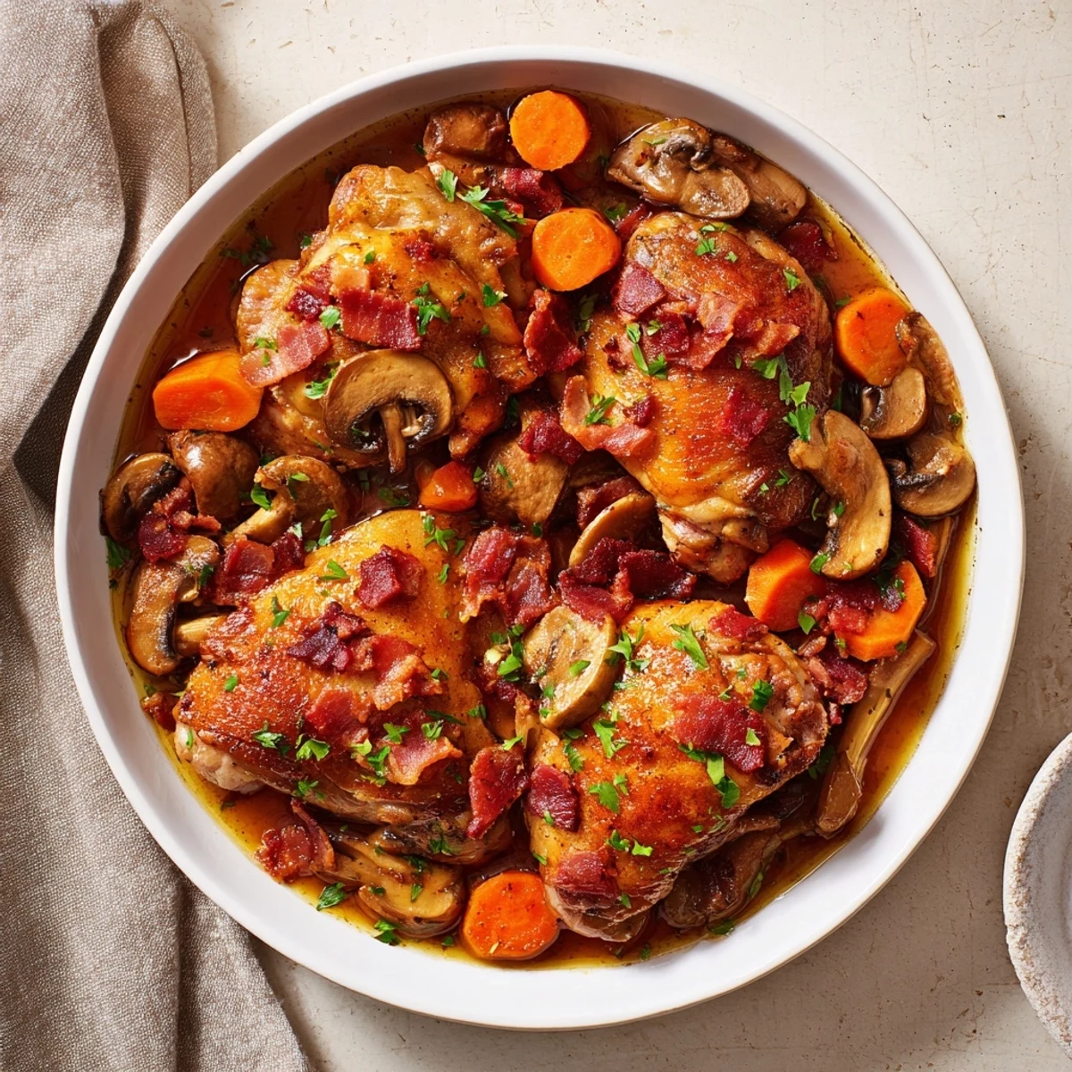 Instant Pot Coq au Vin Style Chicken Thighs, a hearty French stew featuring tender chicken and rich sauce.