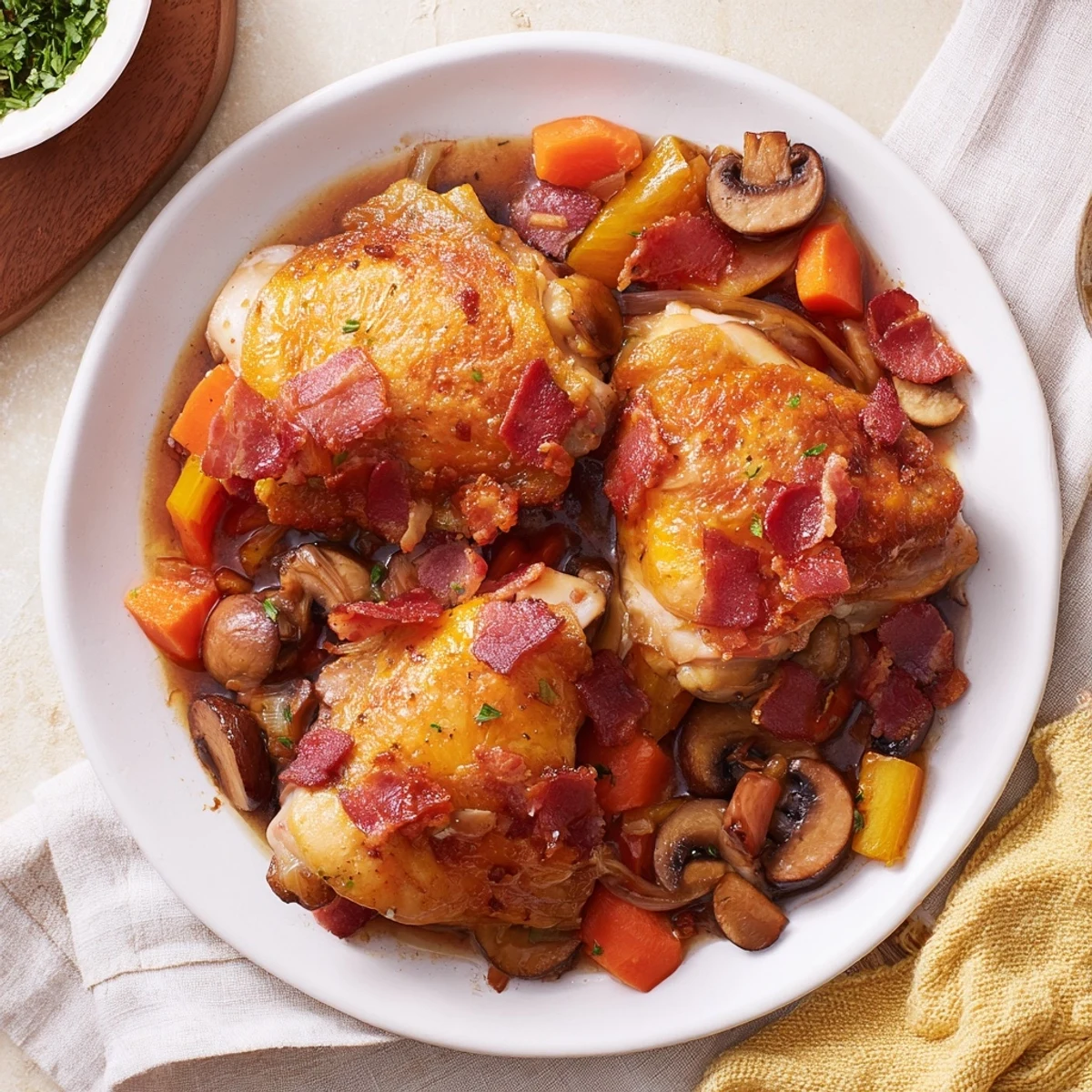 Golden brown Instant Pot Coq au Vin Style Chicken Thighs, perfect for a cozy, comforting dinner.