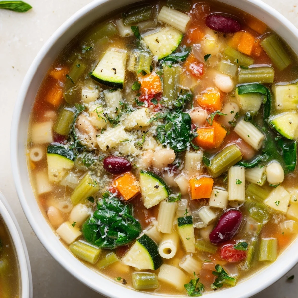 Steaming Veggie-Packed Minestrone Christmas Pasta Pot, a colorful Italian soup with fresh vegetables and hearty beans.