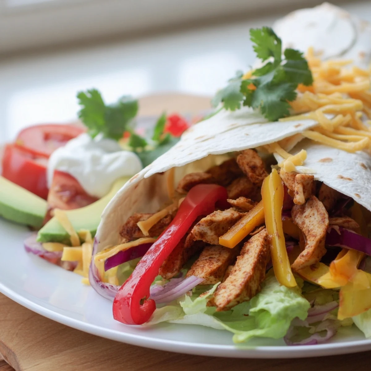 Vibrant photo of Sheet-Pan Fajita Chicken Rainbow Wraps, overflowing with colorful veggies and juicy chicken.