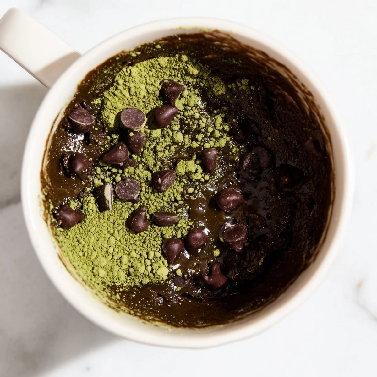 Fudgy Matcha Peppermint Brownie Batter Mug Cake, a quick dessert with chocolate chips, ready to eat.