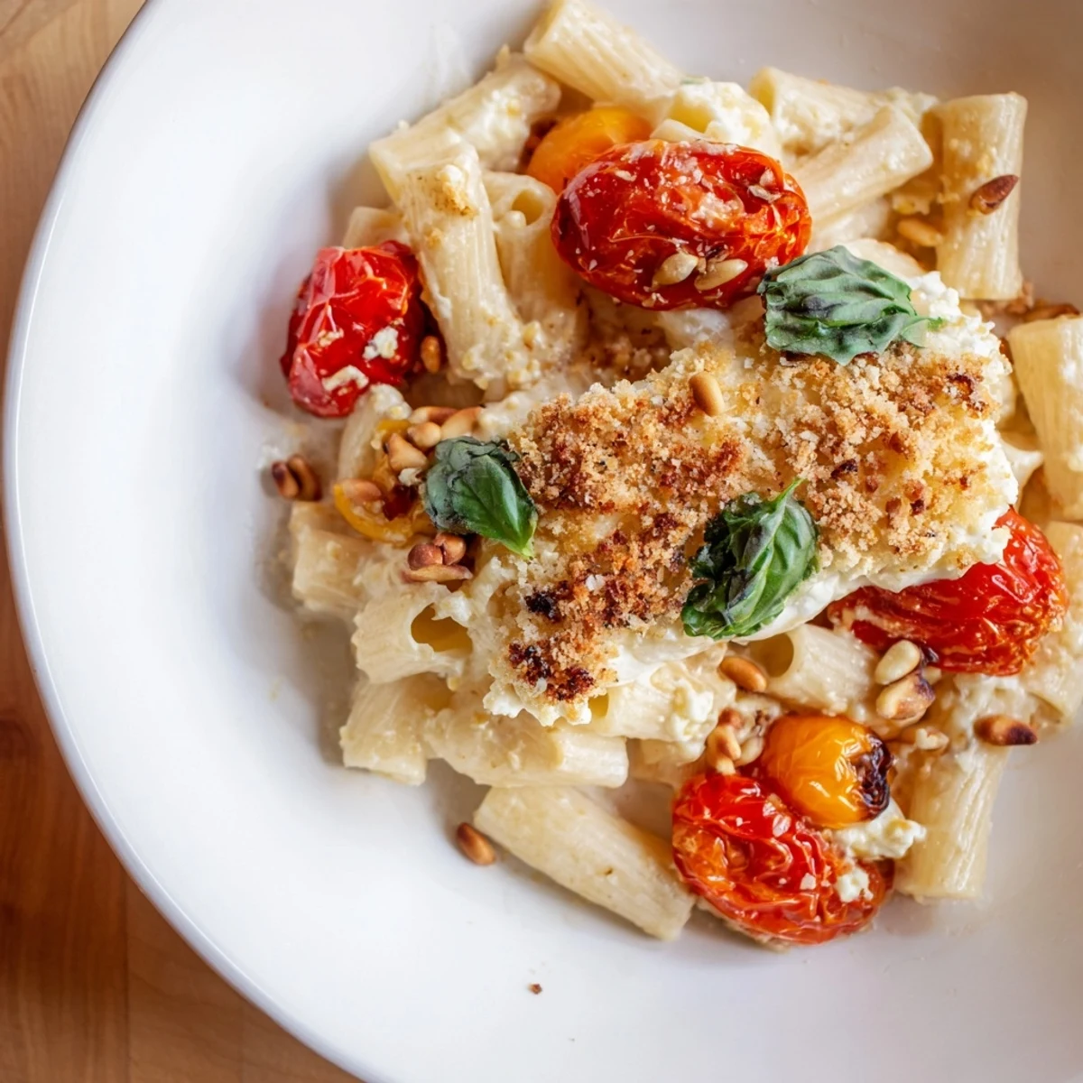 Baked Goat Cheese Snowflake Pasta ready to serve with fragrant basil and toasted pine nuts.