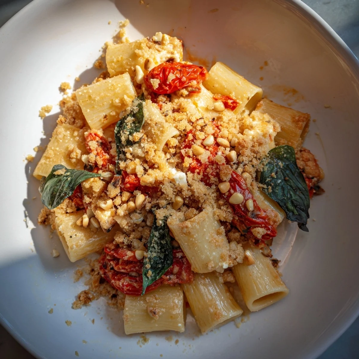 Enjoy a steaming bowl of Baked Goat Cheese Snowflake Tomato Basil Pasta, Italian-inspired goodness.