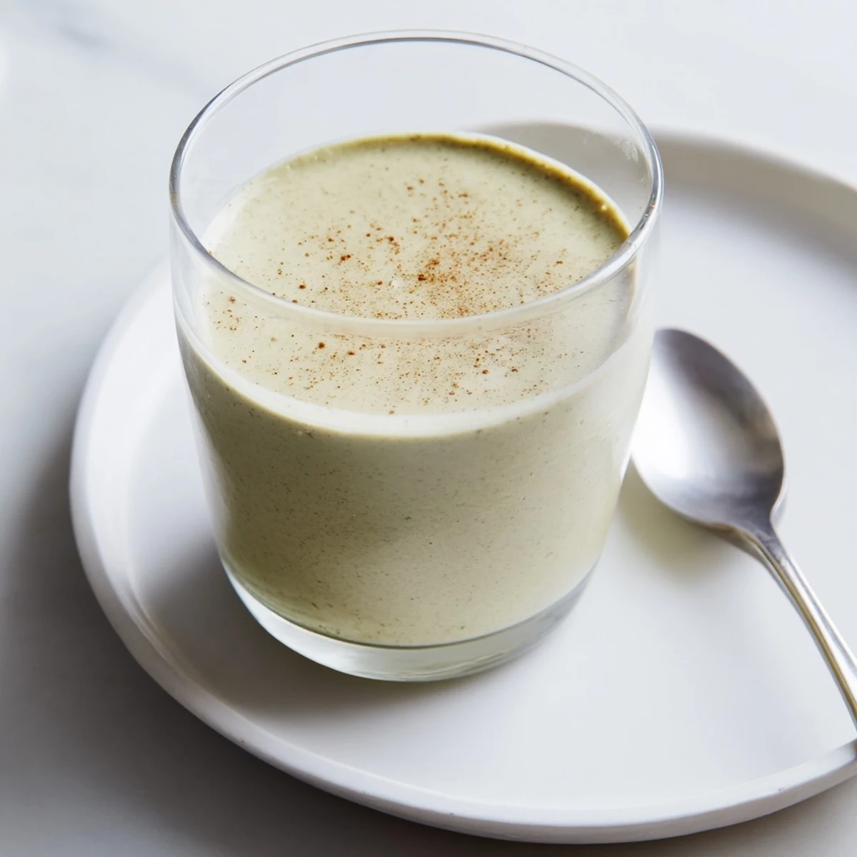 Thick and frosty, this Matcha Eggnog Collagen Breakfast Smoothie promises a festive, nutritious start to your day.
