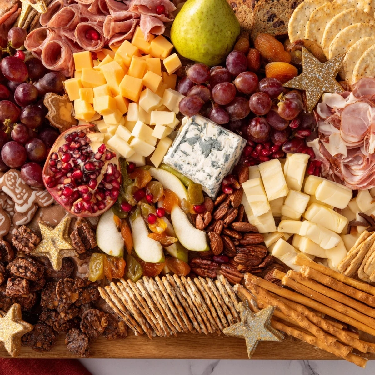 A festive Shining Bright Christmas grazing board overflowing with cheeses, fruits, and charcuterie awaiting the holidays.