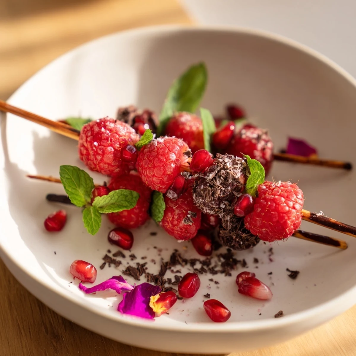 Fresh raspberries, mint, and chocolate shavings accent these elegant Baisers de Minuit garnishes.