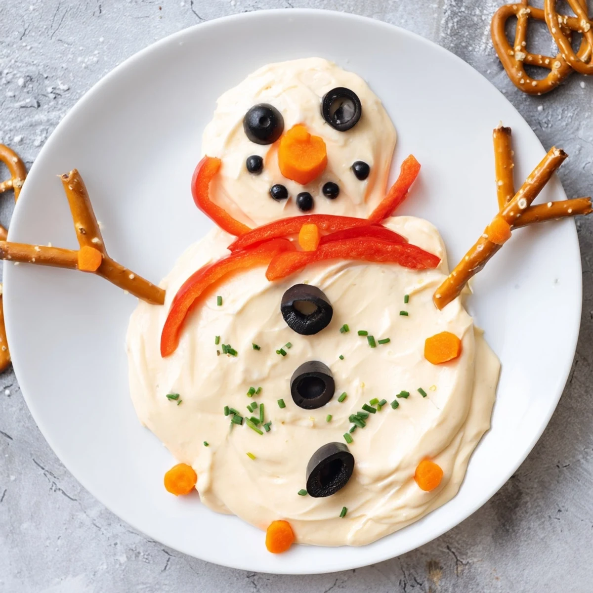 Melted Snowman Dip Bowl, a whimsical appetizer with black olive eyes and carrot nose.