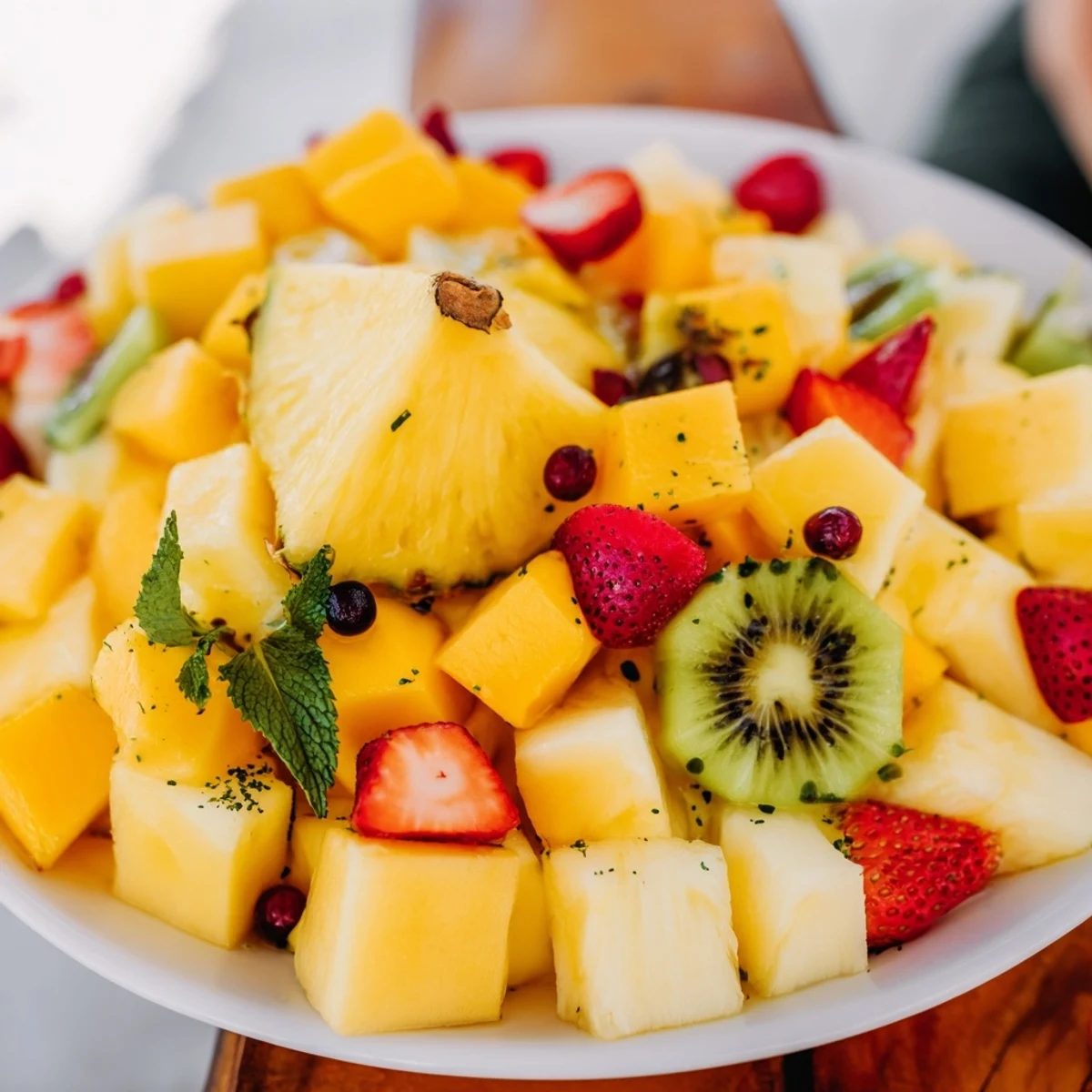 Vibrant Tropical Pineapple Fruit Boat overflowing with colorful fresh fruit, ideal for a summer dessert.