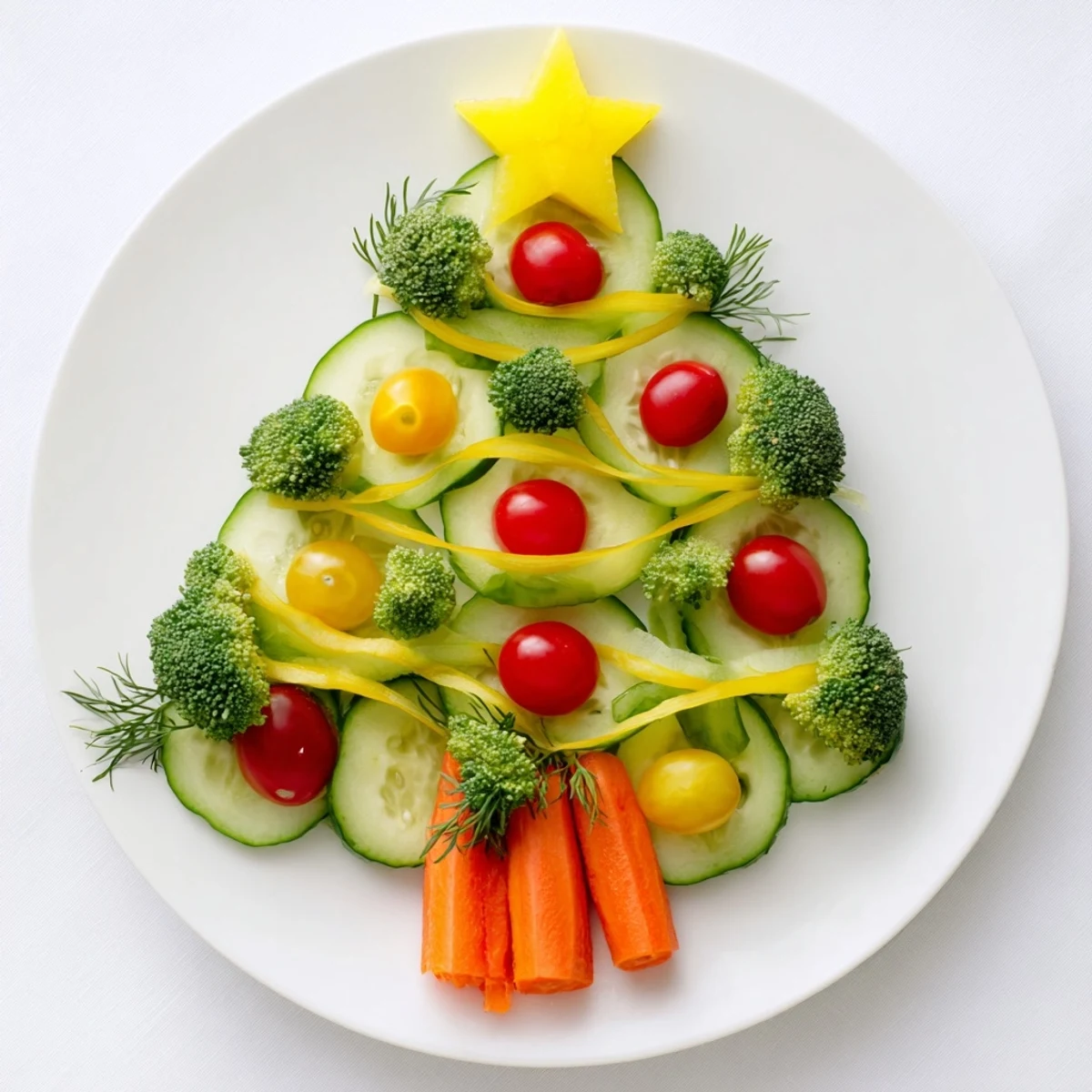 Festive Tree Cucumber Tomato Platter: a vibrant, colorful appetizer made with fresh cucumbers and bright red tomatoes.