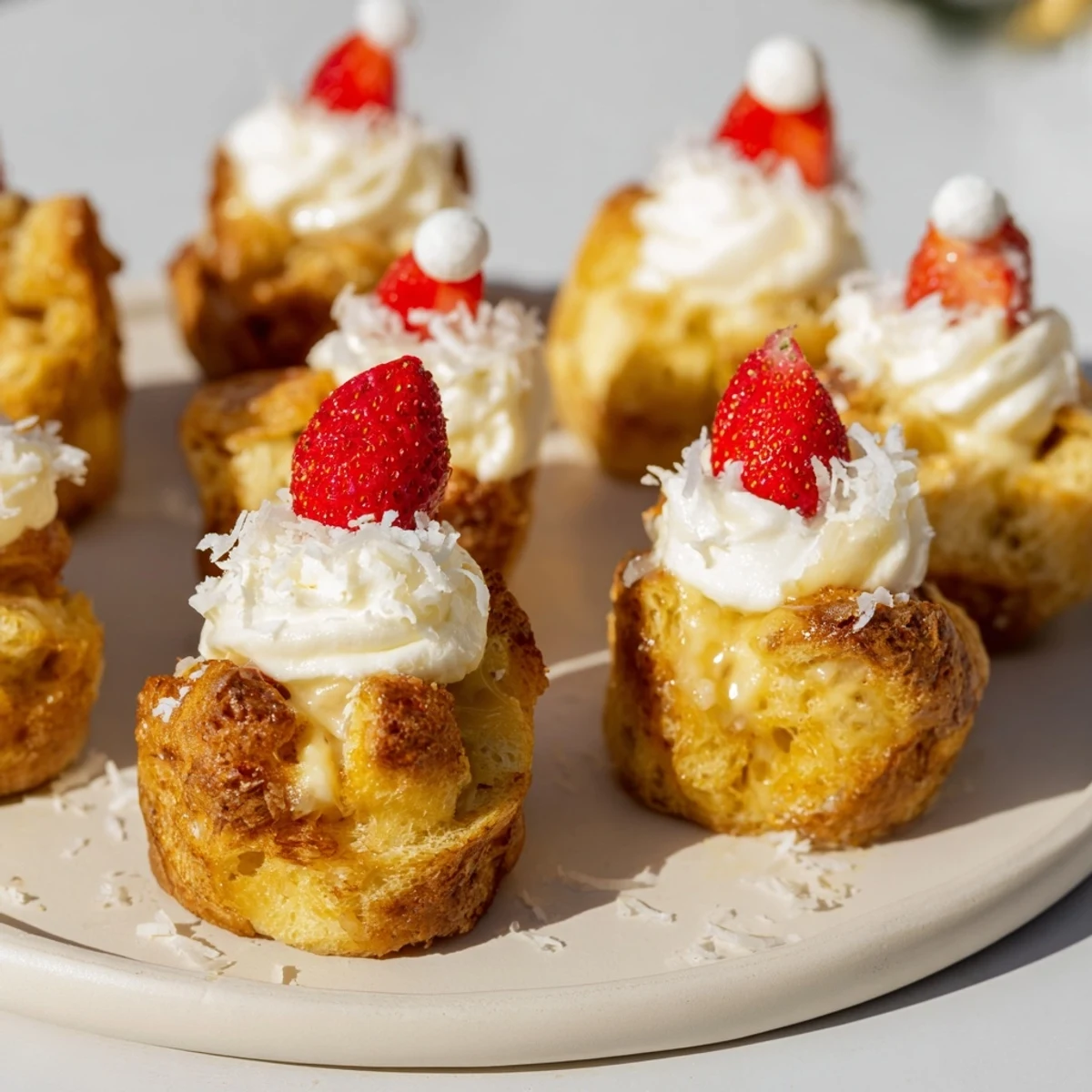 Golden Santa Hat Bread Pudding Bites, topped with whipped cream and a juicy strawberry.