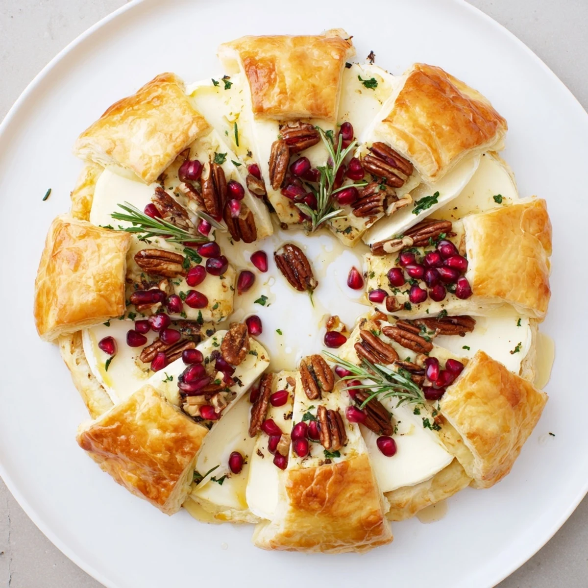 Golden baked Pomegranate and Brie Wreath, showcasing creamy cheese and festive, ruby red pomegranate seeds.