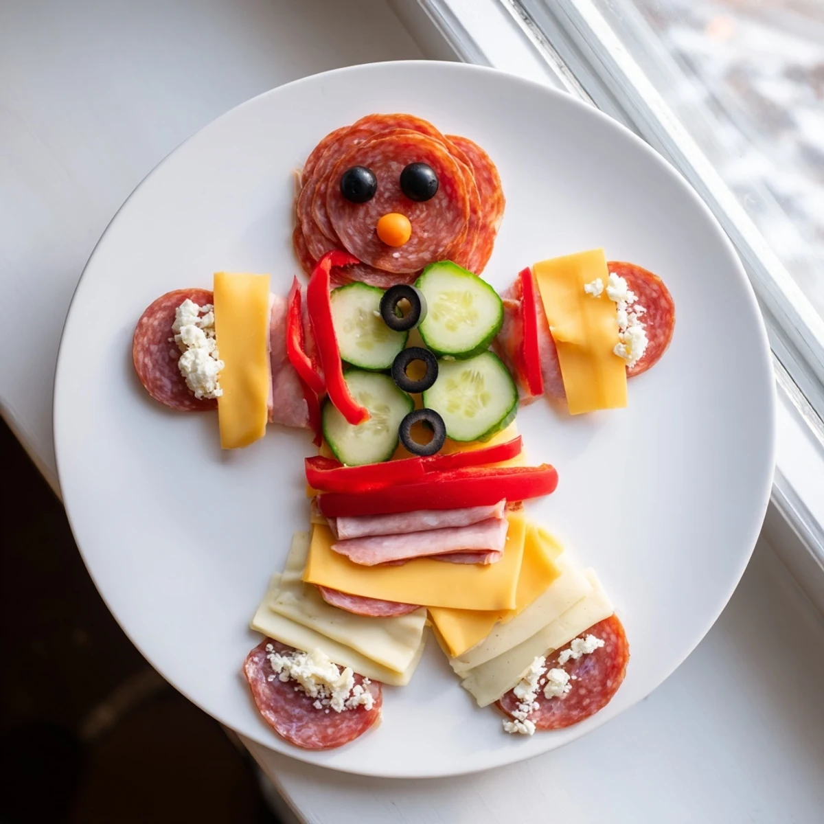 Gingerbread Man Savory Charcuterie: a festive cheese and meat platter with salami and cheddar forming the jolly gingerbread man.