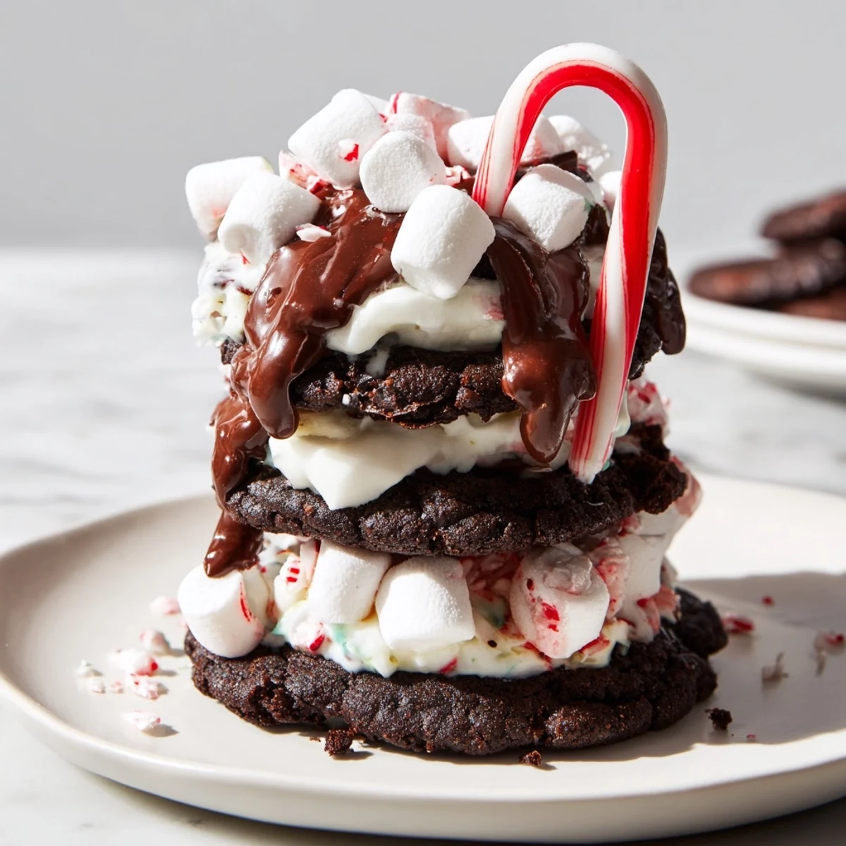 Warm, gooey Hot Cocoa Mug Cookie Stack image featuring chocolate cookies and fluffy marshmallow frosting.