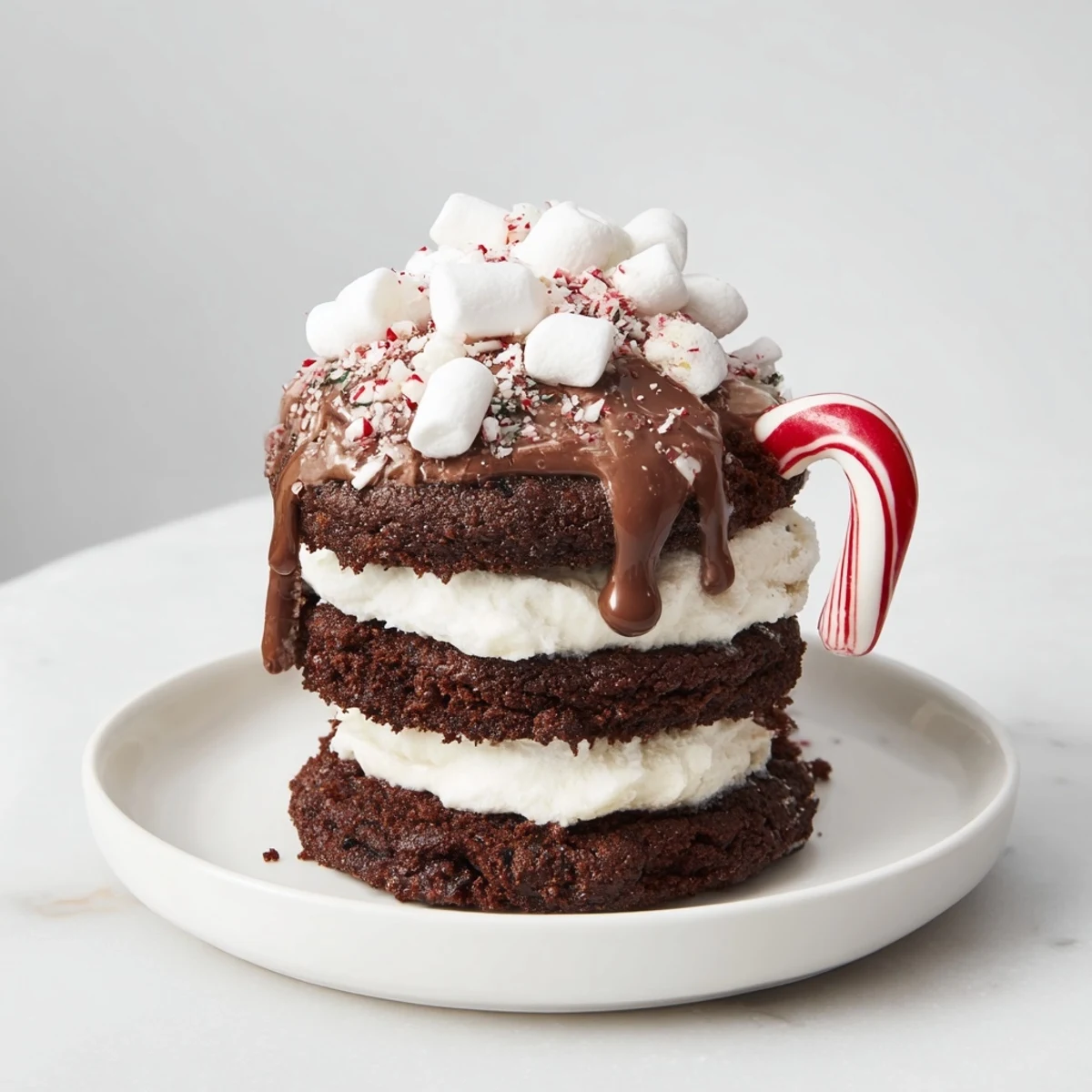 Decadent Hot Cocoa Mug Cookie Stack, a towering dessert with mini marshmallows and melted chocolate drizzle.