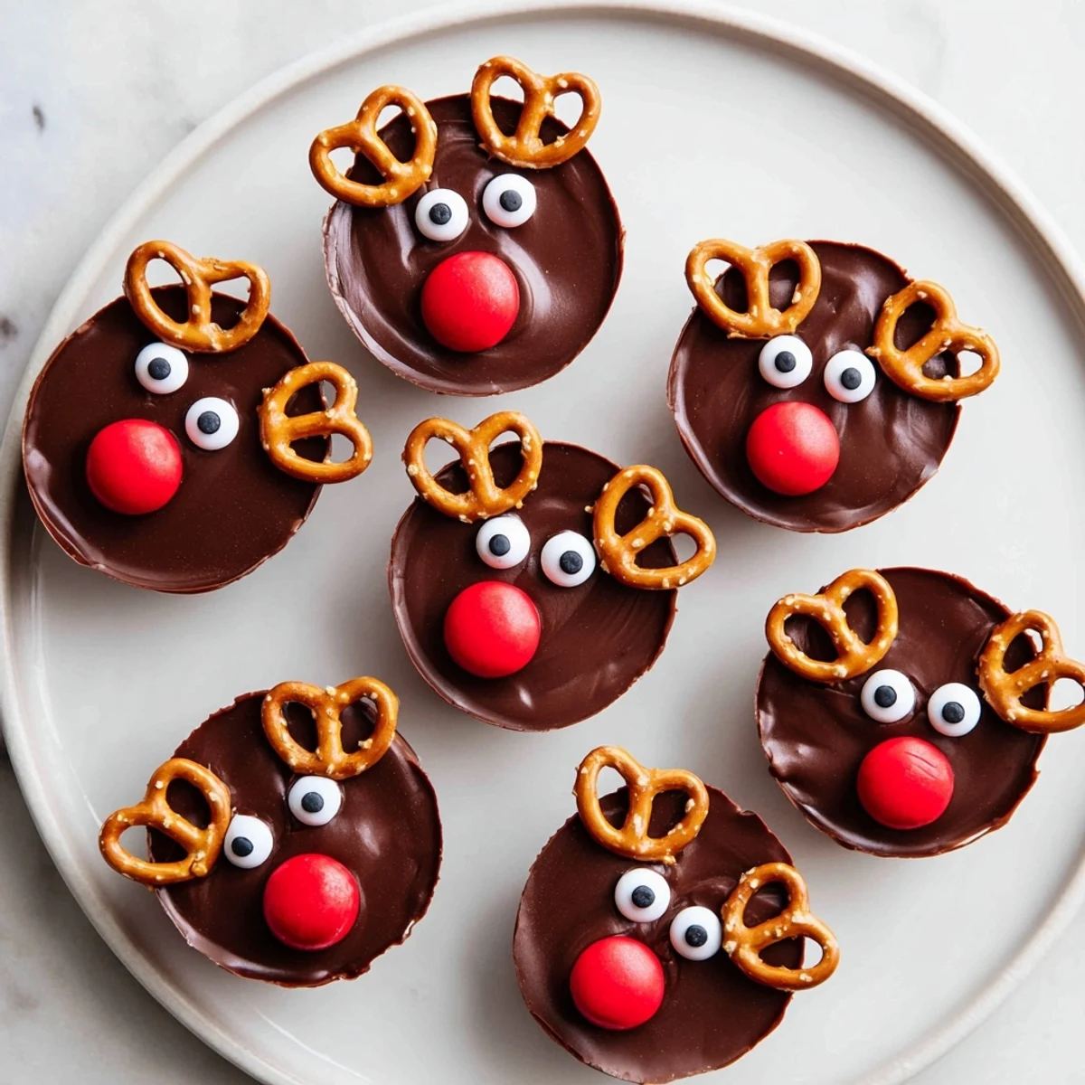 Chocolate reindeer pudding cups sit on a festive dessert board amidst sweet treats.