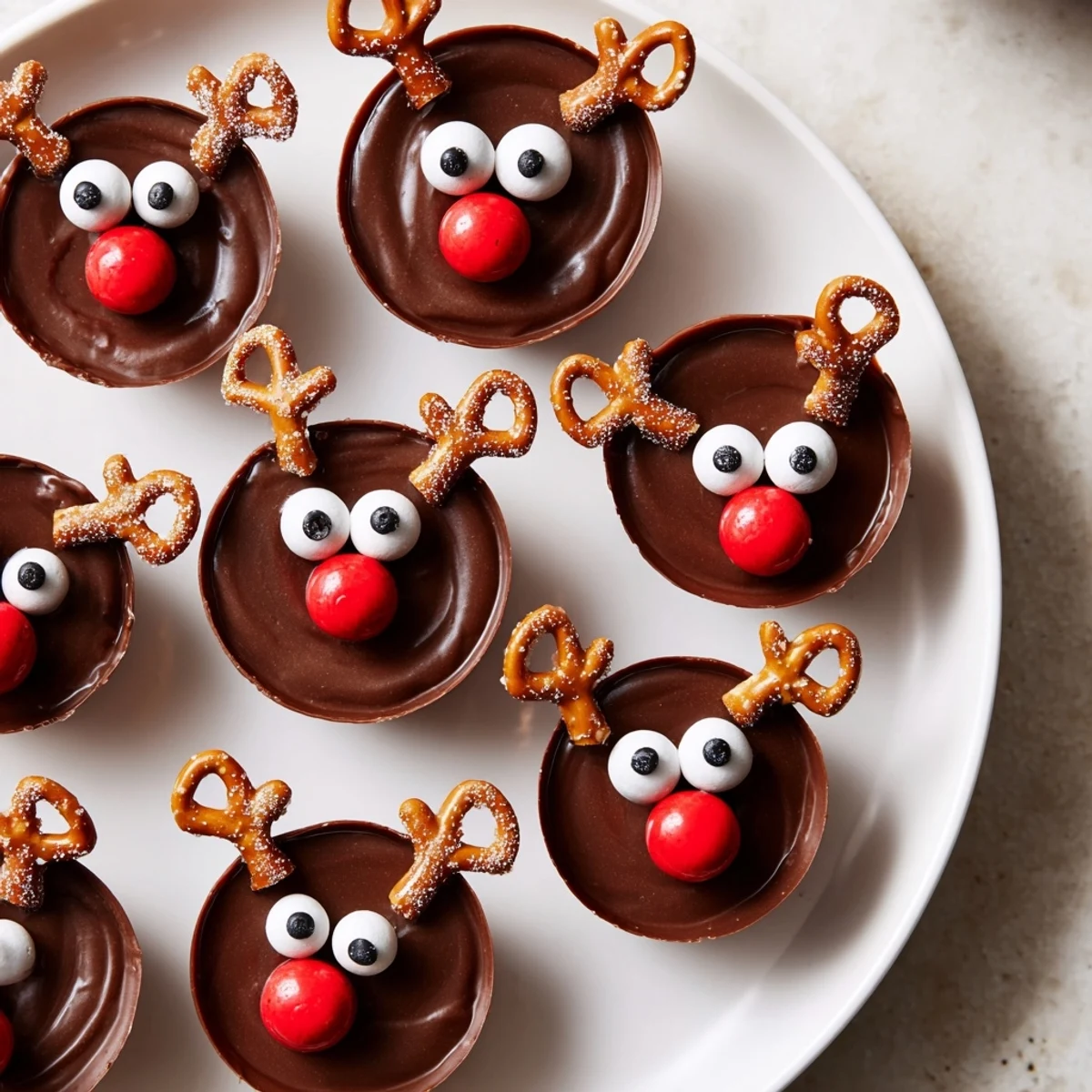 Adorable chocolate reindeer pudding cups, ready to devour, are surrounded by marshmallows and sweets.