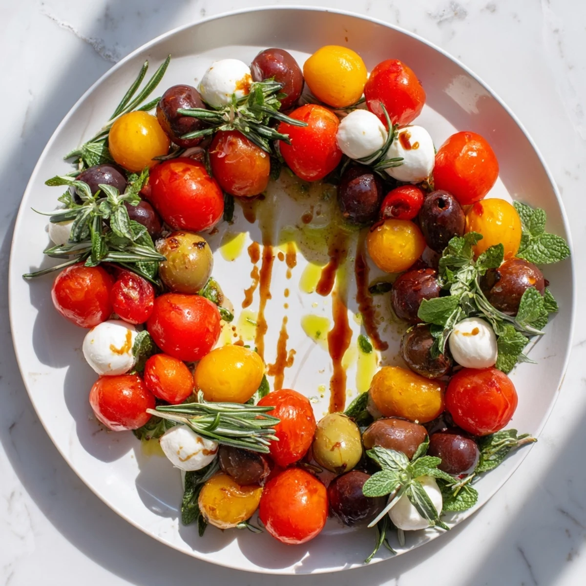 Appetizer Wreath: A vibrant, Mediterranean-style olive and cherry tomato appetizer wreath, ready for sharing.