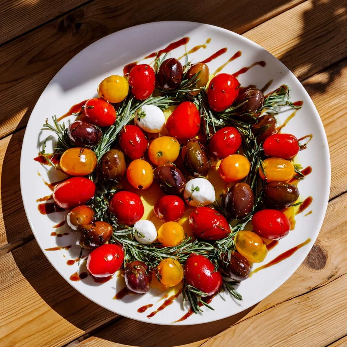 Vibrant appetizer wreath: Colorful olive and cherry tomato wreath, perfect for a party or holiday gathering.